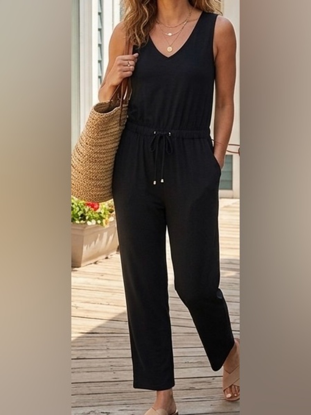 SanSara Black Drawstring Waist Jumpsuit with Pockets